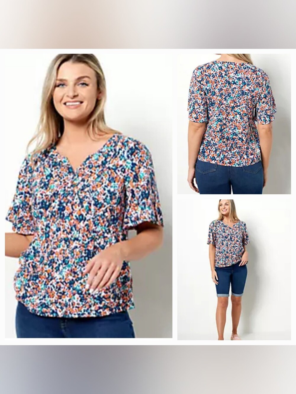 Denim & Co Floral Print V-Neck Short Sleeve Top - Blue & Orange D&Co.